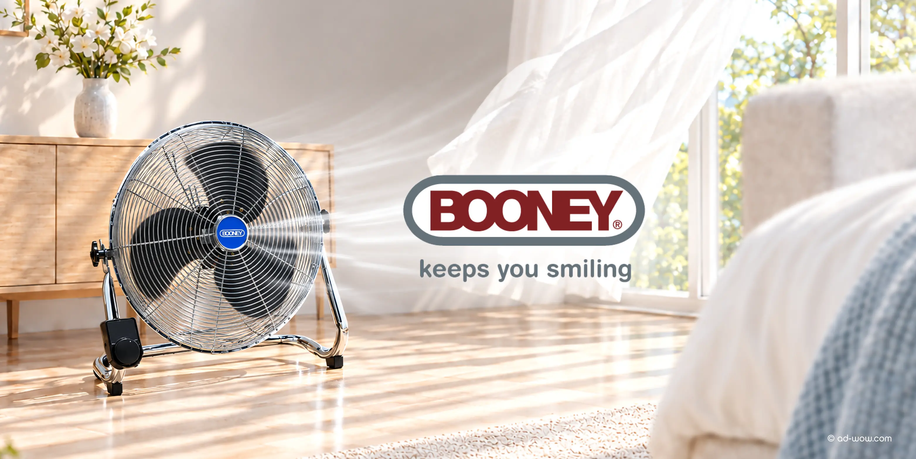 Booney “Keeps You Smiling” brand campaign key visual for lifestyle cooling fans, designed by ADWOW Singapore
