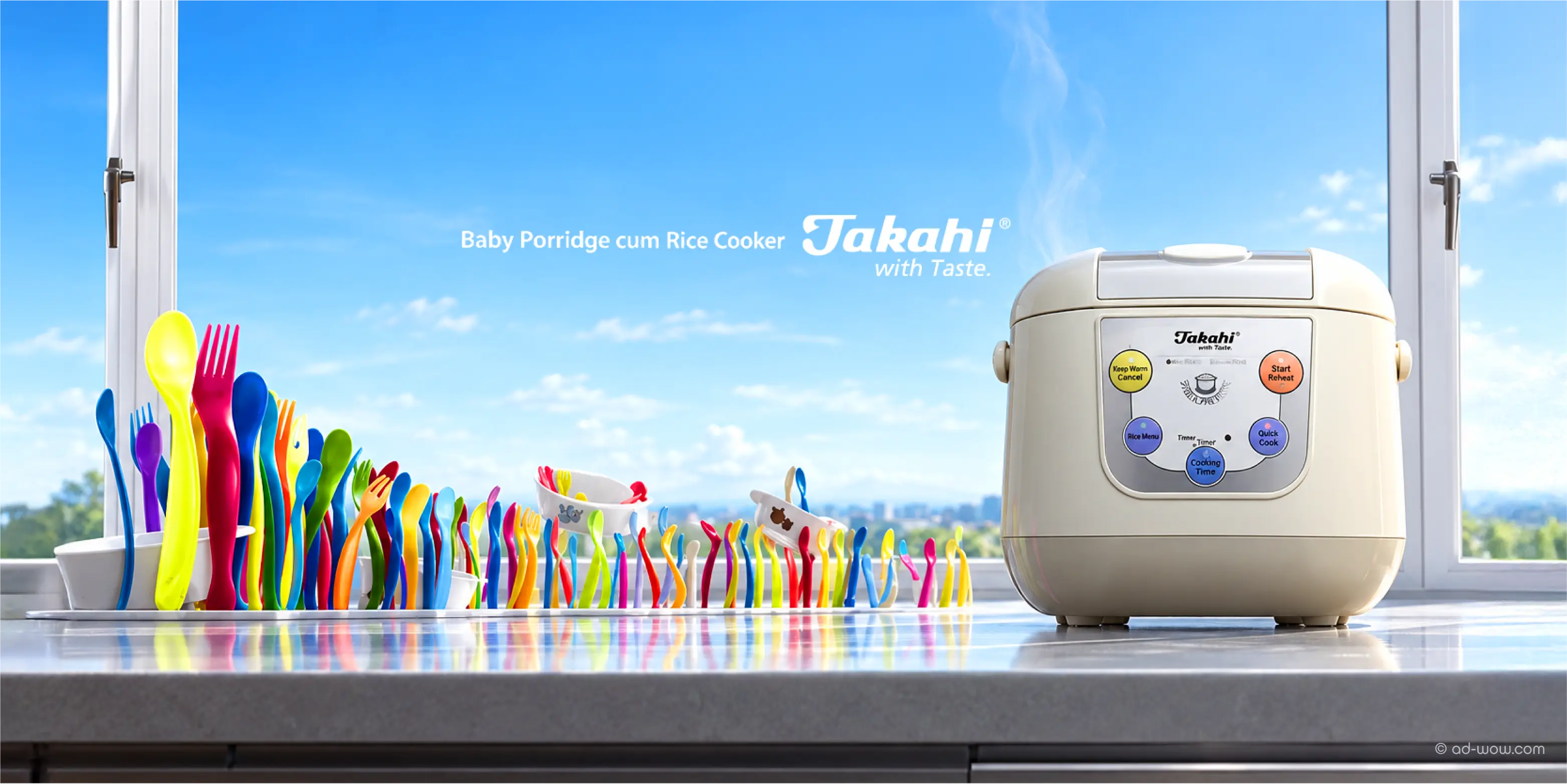 Takahi automatic herbal cum tonic cooker campaign visual with blue and white ceramic pots