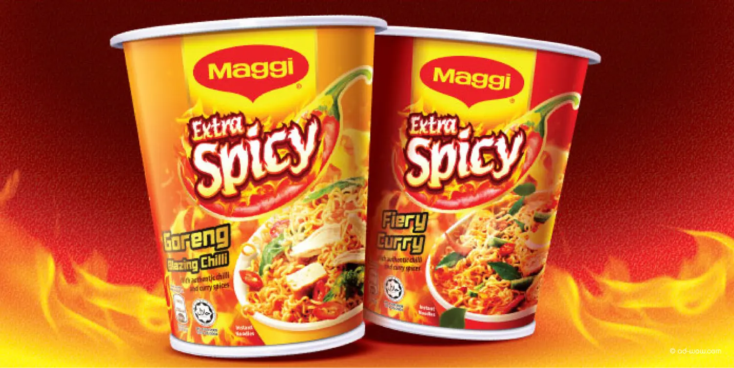 Maggi instant noodle packaging design for multiple spicy flavour variants.