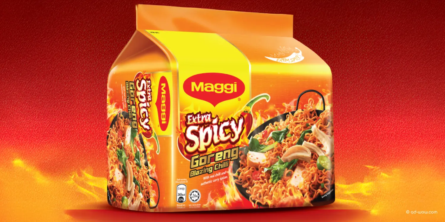 Maggi spicy instant noodle packaging design supporting product differentiation.