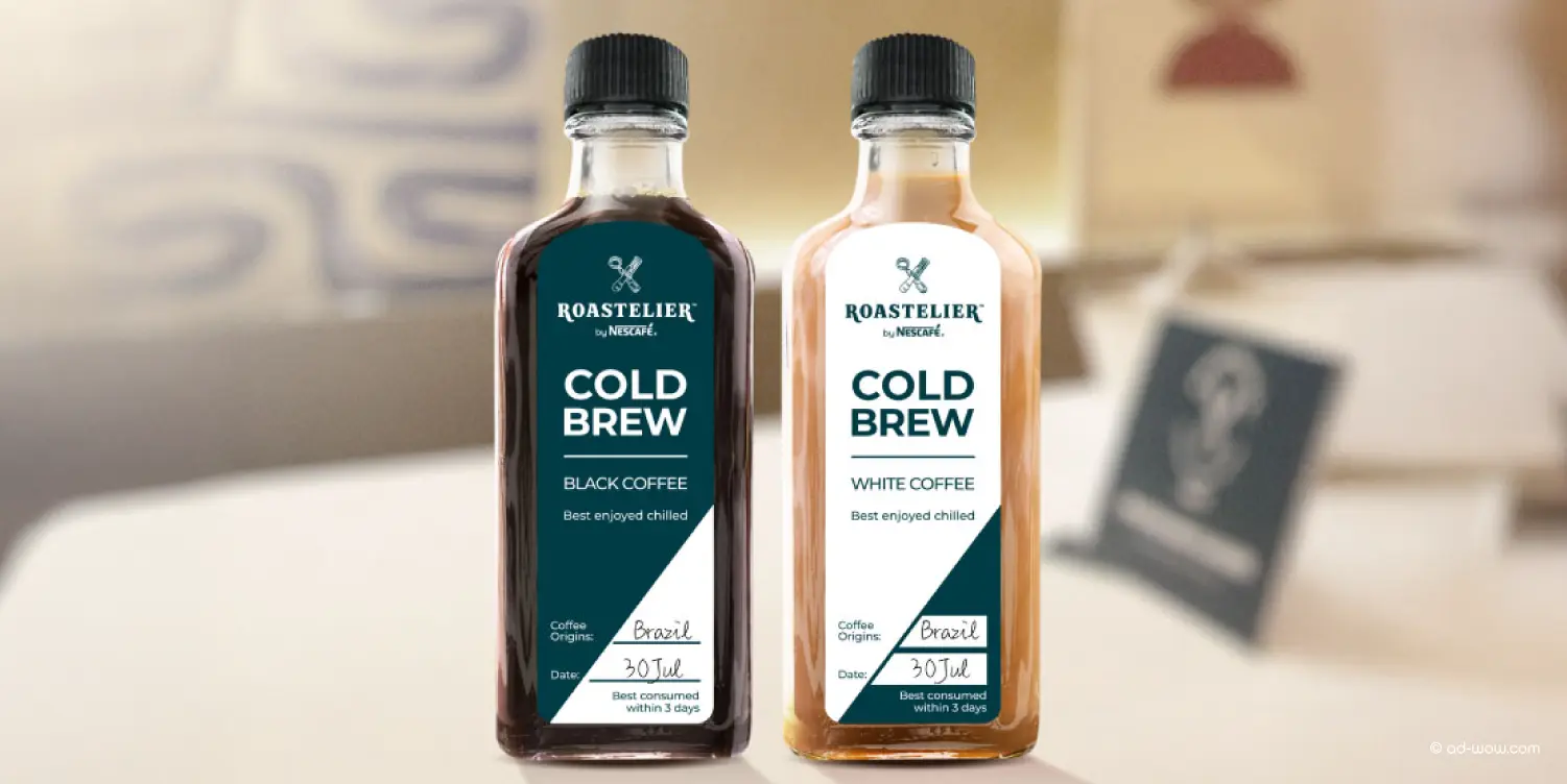 Roastelier cold brew coffee bottle packaging design for experiential product launch.