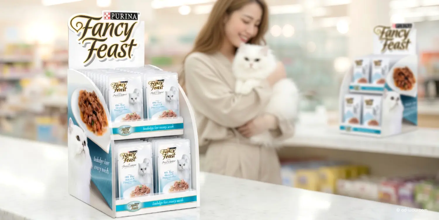 Fancy Feast retail POSM display and shopper engagement, Singapore.