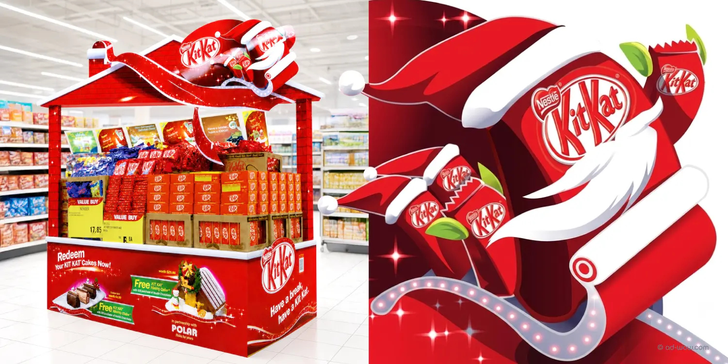 KitKat Christmas festive gift set in Santa sleigh packaging on red brick roof graphic