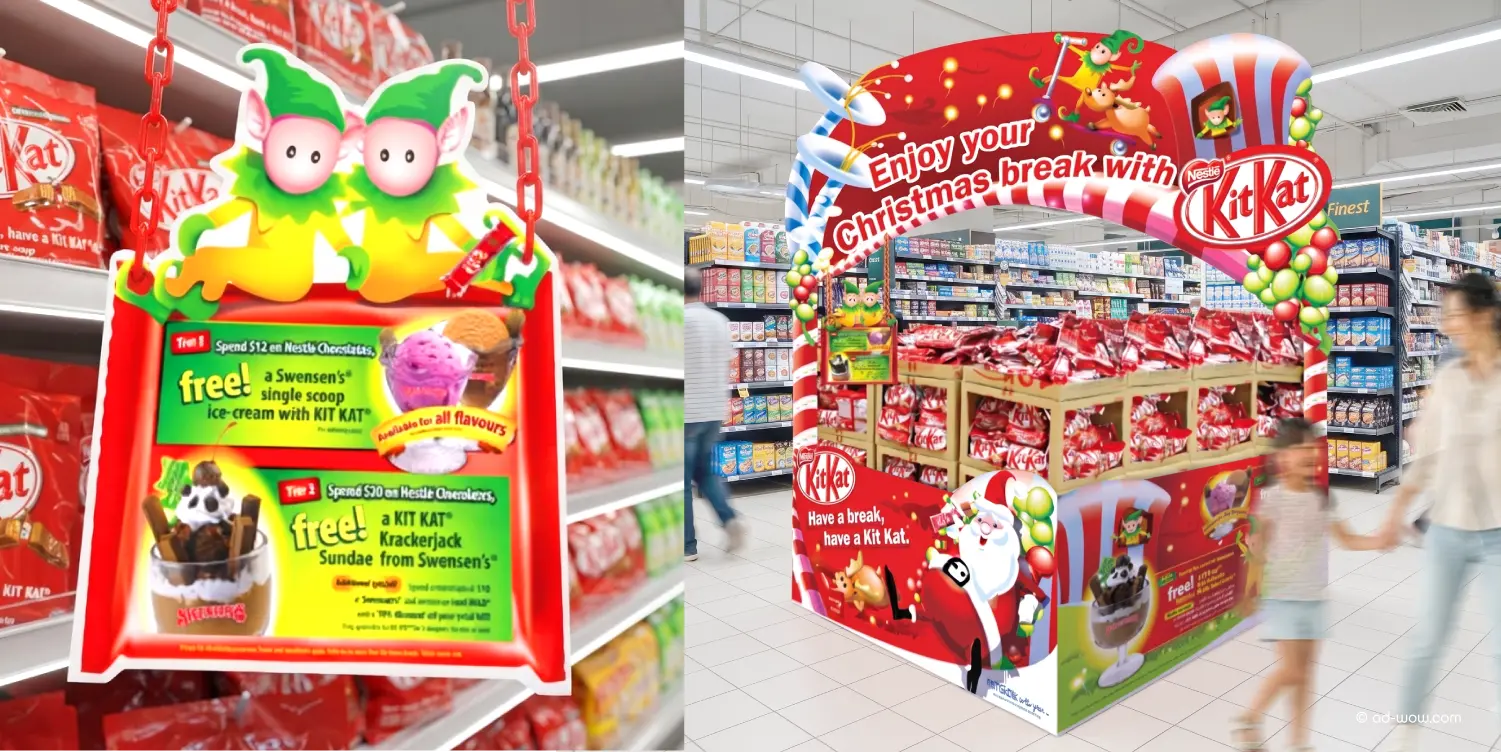 KitKat holiday thematic illustration featuring Santa, elves, and reindeer in candy wonderland