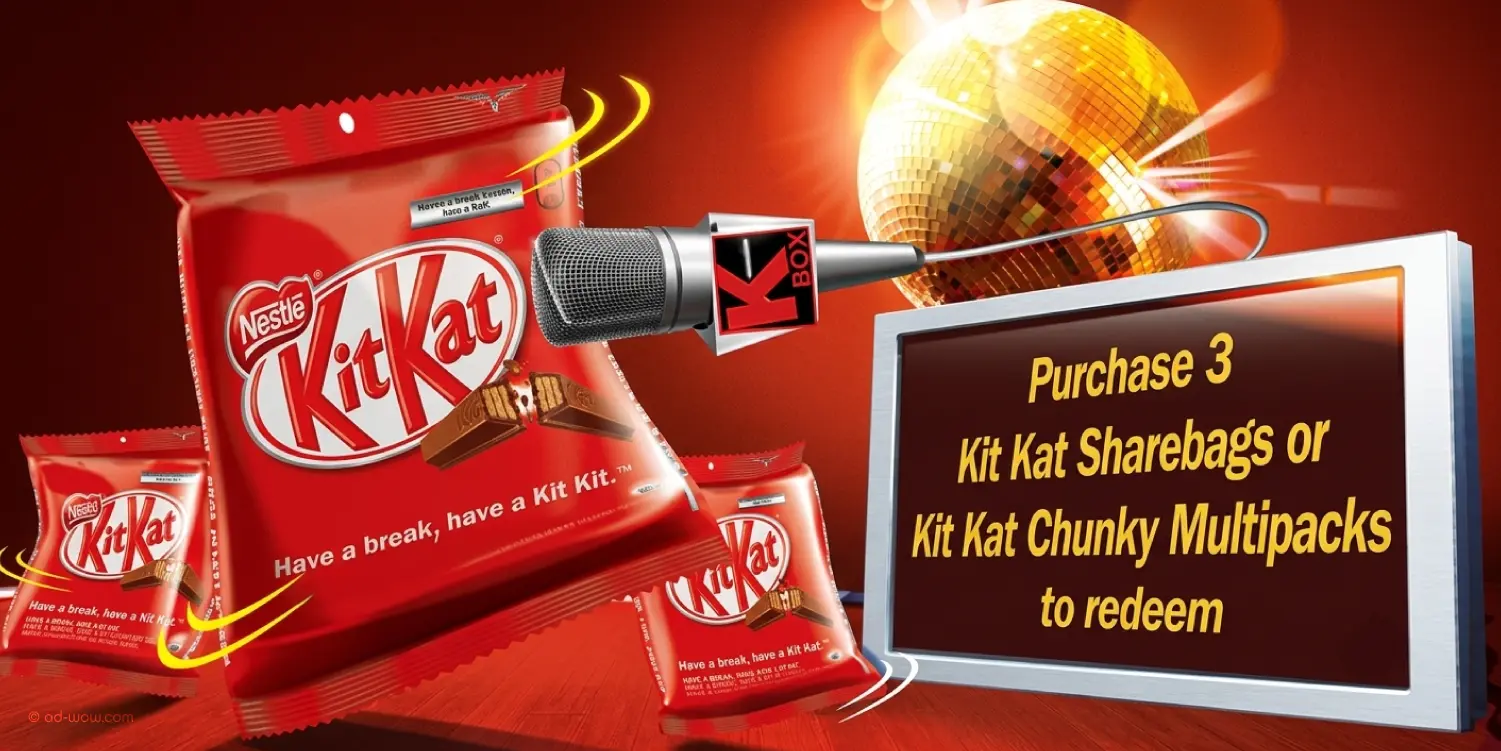 KitKat Sharebag K-Box karaoke redemption promo with microphone and disco ball graphics