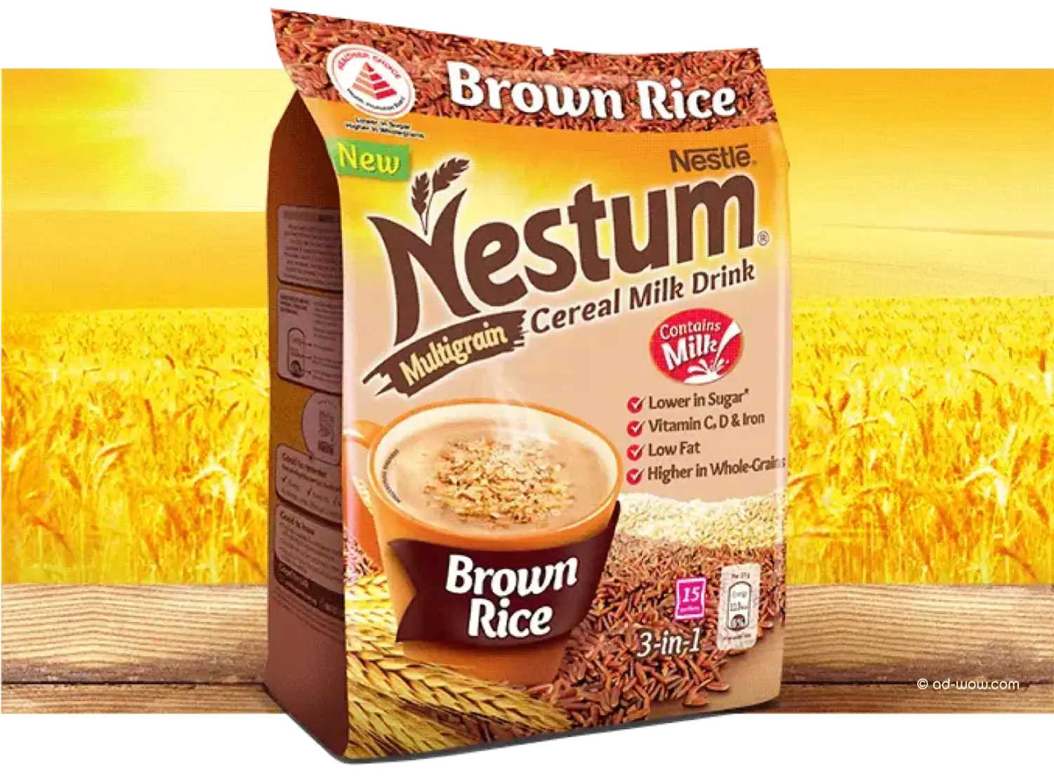 Nestum Brown Rice cereal beverage packaging on retail shelf