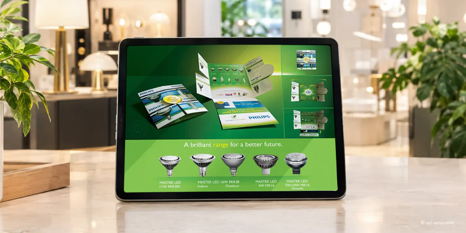 Philips LED EDM on a tablet showing "A brilliant range for a better future" and the MASTER LED range